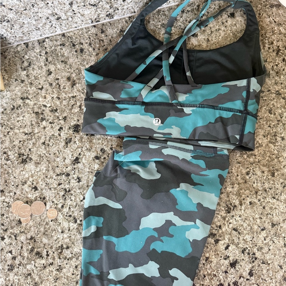 Lululemon Athletica Camo Sports Bra and Leggings Set - Black and Blue